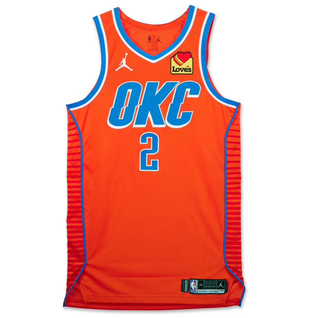 View full screen - View 1 of Lot 17. Shai Gilgeous-Alexander Oklahoma City Thunder 2023-2024 Game Worn Statement Edition Jersey | 43 Points.