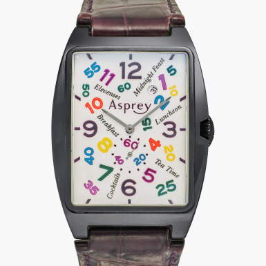 View full screen - View 1 of Lot 641. British Moments | A PVD-coated stainless steel automatic rectangular wristwatch with date, Circa 2008.