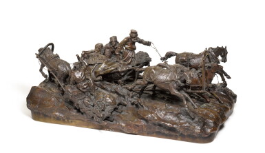 View full screen - View 1 of Lot 249. SPEEDING TROIKA PASSING A PEASANT SLEIGH: A BRONZE FIGURAL GROUP, CAST BY WOERFEL AFTER THE MODEL BY VASILII GRACHEV (1831-1905), 19TH CENTURY.