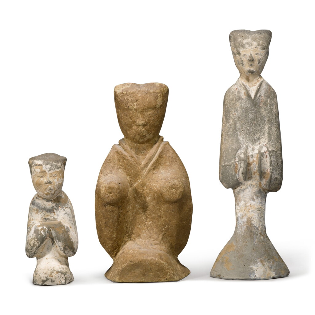 View full screen - View 1 of Lot 106. Three painted pottery figures, Han dynasty / Six dynasties.