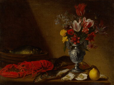 View full screen - View 1 of Lot 337. Still life of tulips, peonies, and other flowers in a silver vase, with a lobster, oysters, fish, and a lemon on a table.