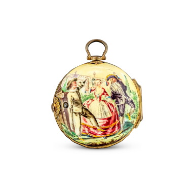 View full screen - View 1 of Lot 4015. J. NEWHAM | A GILT AND PORCELAIN PAIR CASE OPENFACE KEYWOUND VERGE WATCH WITH ENAMEL DIAL, CIRCA 1750.