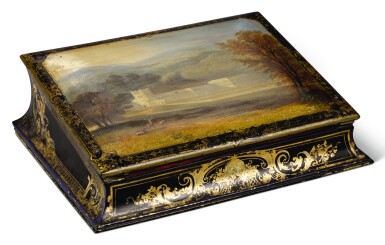 View full screen - View 1 of Lot 25. A VICTORIAN BLACK LACQUERED AND GILT-HEIGHTENED PAPIER-MÂCHÉ 'CHATSWORTH' WRITING BOX BY JENNENS & BETTERIDGE, CIRCA 1840.