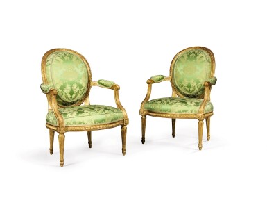 View full screen - View 1 of Lot 114. A pair of Louis XVI giltwood armchairs, one stamped by Louis Delanois, third quarter 18th century (regilt).