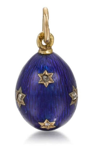 View full screen - View 1 of Lot 39. A Fabergé jewelled gold and guilloché enamel egg pendant, workmaster August Holmström, St Petersburg, circa 1900.