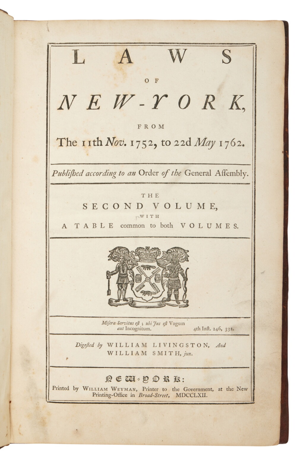 View full screen - View 1 of Lot 1016. (New York Laws) — William Smith and William Livingston (eds.) | First digest of colonial New York’s statutes.