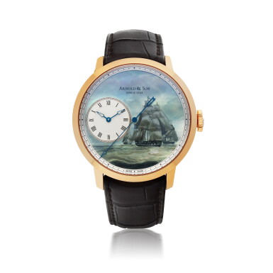 View full screen - View 1 of Lot 558. ARNOLD & SON | 'INDIAMEN', REF 12.2.3.02, PINK GOLD WRISTWATCH WITH DEAD SECONDS AND HAND PAINTED MOTHER-OF-PEARL DIAL CIRCA 2013.