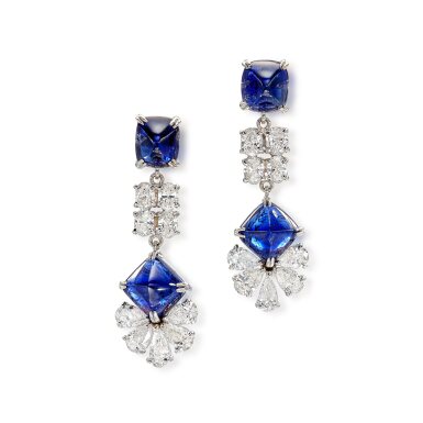 View full screen - View 1 of Lot 561. Pair of Sapphire and Diamond Pendent Earrings | 天然「緬甸」未經加熱藍寶石 配 鑽石 耳墜一對(藍寶石共重12.22克拉).