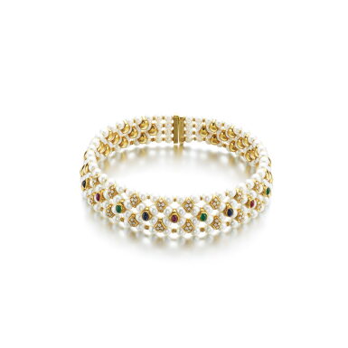 View full screen - View 1 of Lot 854. Cultured pearl, gem set and diamond choker.