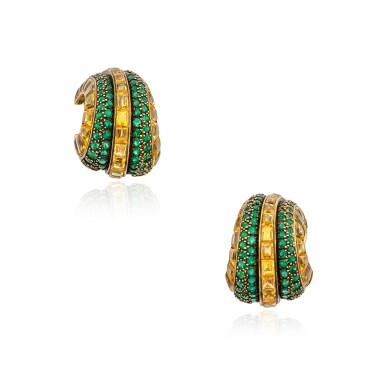View full screen - View 1 of Lot 74. Pair of Yellow Sapphire and Emerald Earclips.