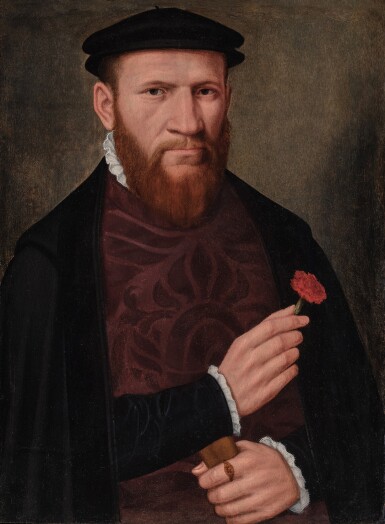 View full screen - View 1 of Lot 423. Portrait of a Man, Half-Length, Holding a Red Carnation.