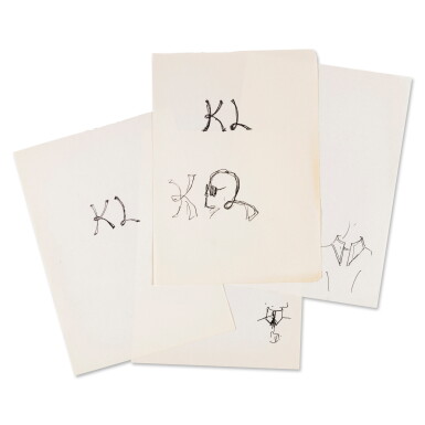 View full screen - View 1 of Lot 148. Four original sketches including a self-portrait in profile, monogram sketches, and collar designs.