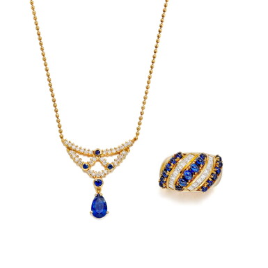 View full screen - View 1 of Lot 2891. Sapphire and Diamond Pendent Necklace; and Sapphire and Diamond Ring | 藍寶石 配 鑽石 項鏈; 及 藍寶石 配 鑽石 戒指 .