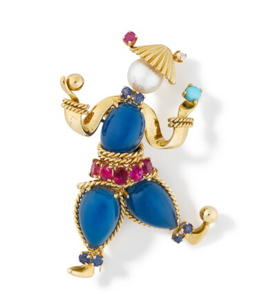 View full screen - View 1 of Lot 286. Van Cleef & Arpels | Broche calcédoine perle rubis et turquoise | Chalcedony pearl ruby and turquoise brooch.