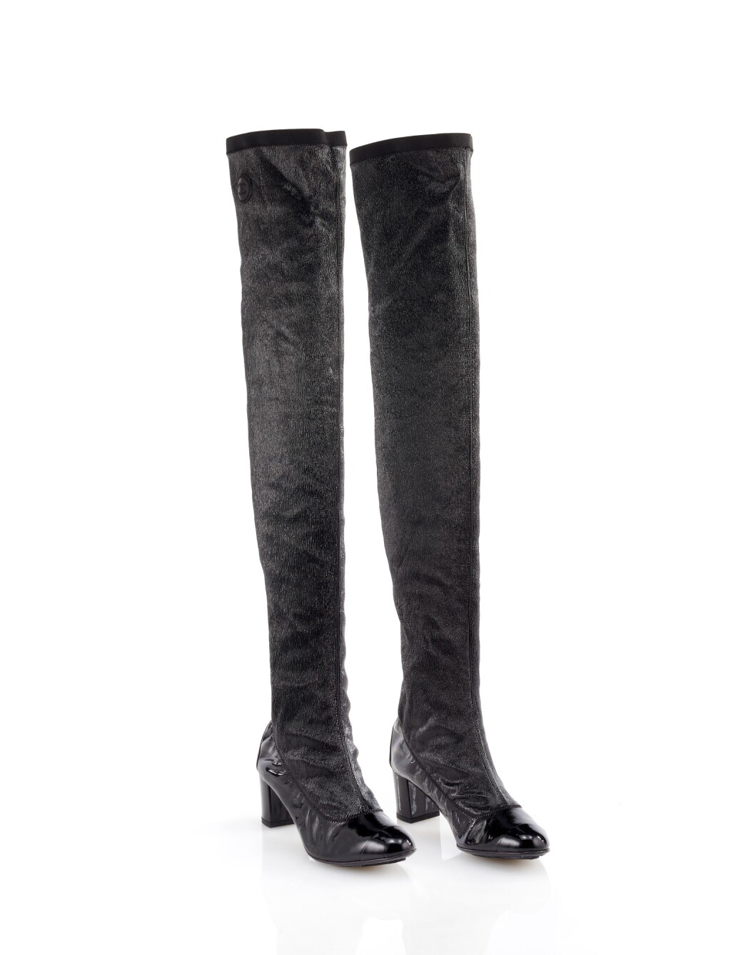 View full screen - View 1 of Lot 48. PAIR OF STRETCH BLACK PATENT LEATHER OVER-THE-KNEE BOOTS, CHANEL.
