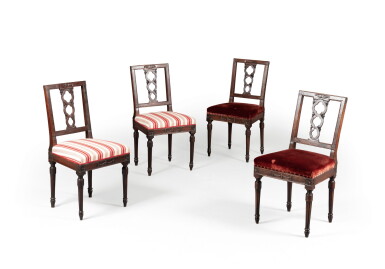 View full screen - View 1 of Lot 109. A suite of four neoclassical carved walnut side chairs, Venetian, late 18th century / early 19th century| Suite de quatre chaises néoclassiques en noyer sculpté, Venise, fin du XVIIIeme siècle / début XIXeme siècle.