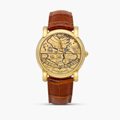 View full screen - View 1 of Lot 2282. Mercator, Reference 43050 | A yellow gold retrograde wristwatch with the map of the Americas, Circa 1995.