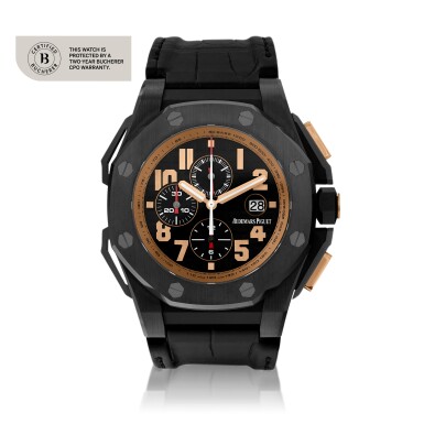 View full screen - View 1 of Lot 654. 'Arnold Schwarzenegger The Legacy' Royal Oak Offshore, Ref. 26378IO.OO.A001KE.01 Limited edition ceramic, titanium and pink gold chronograph wristwatch with date Circa 2012.