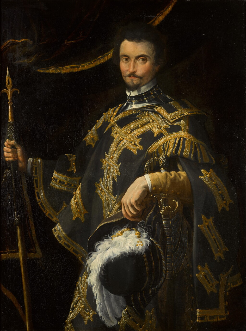 全萤幕检视 - 查看103Portrait of a gentleman, standing three-quarter-length, in green embroidered costume, holding a plumed hat and a spear的1