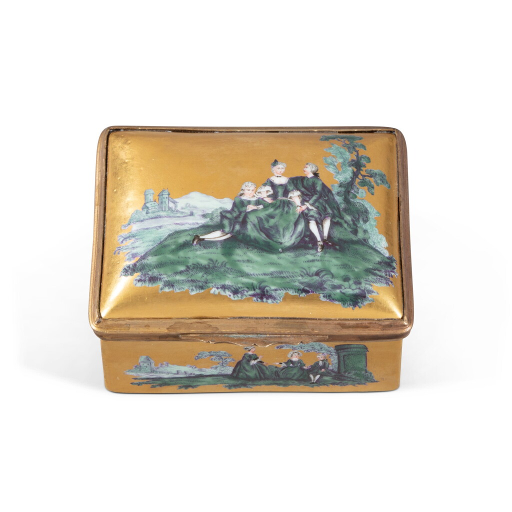 View full screen - View 1 of Lot 735. A Meissen gold-ground snuff-box, the porcelain circa 1755, the decoration with later elements.