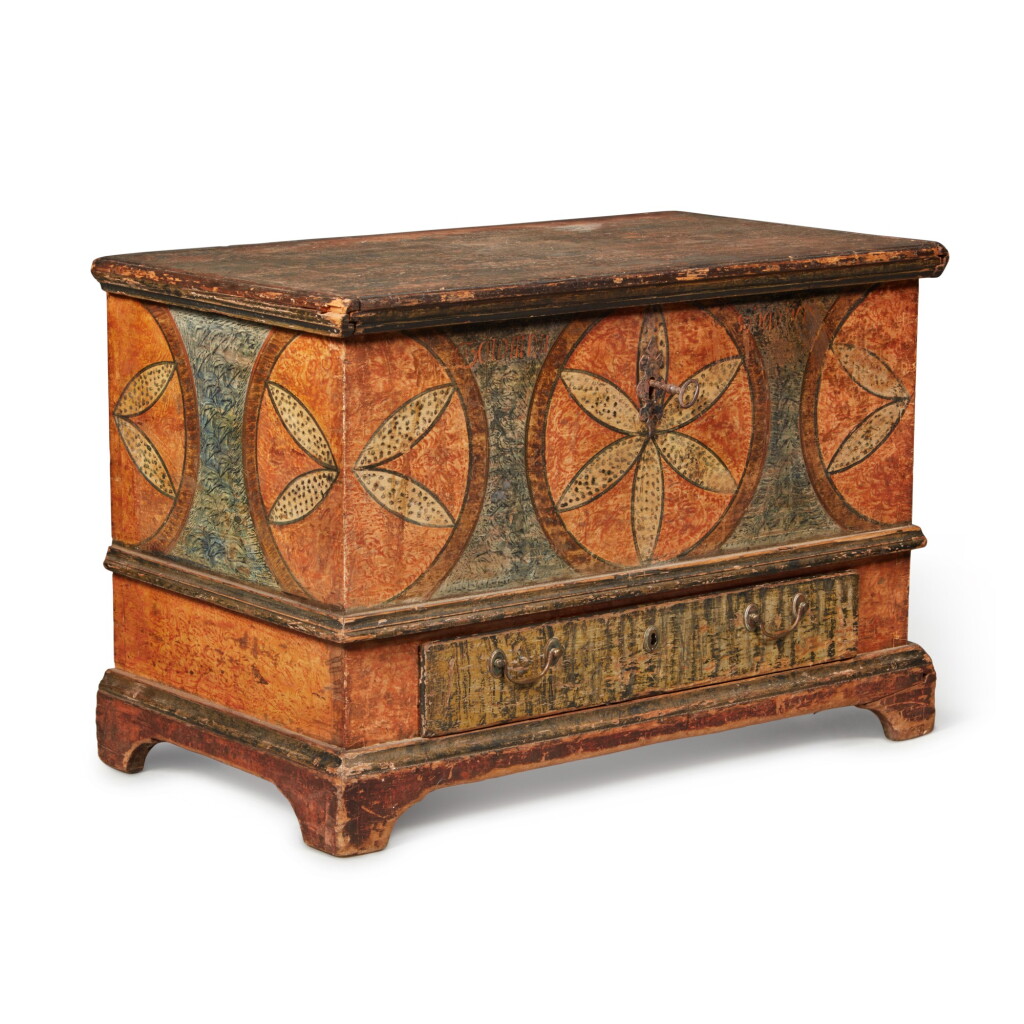 View full screen - View 1 of Lot 159. Chippendale Polychrome Paint Decorated Poplar Diminutive Blanket Chest with Drawer, Bucks County, Pennsylvania, Circa 1790.