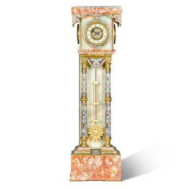 View full screen - View 1 of Lot 138. A cream onyx, pink marble and champlevé enamel pedestal clock, French, circa 1890.