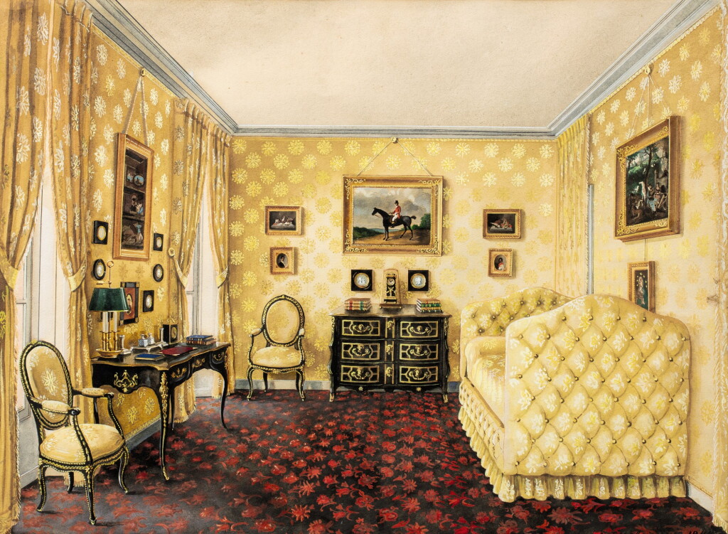 View full screen - View 1 of Lot 250. ALEXANDRE SEREBRIAKOFF | The yellow bedroom at the Château de Groussay | La chambre jaune du château de Groussay.