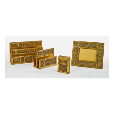View full screen - View 1 of Lot 22. TIFFANY STUDIOS | FOUR “NINTH CENTURY” DESK SET ARTICLES.