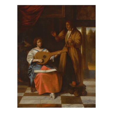 View full screen - View 1 of Lot 104. PIETER DE HOOCH | INTERIOR WITH AN ELEGANT COUPLE PLAYING MUSIC.