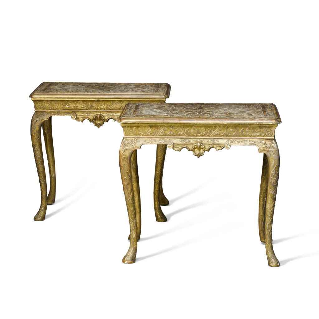 View full screen - View 1 of Lot 45. A pair of gilt-gesso side tables, in the manner of James Moore, one George I, circa 1720, the other of a later date.