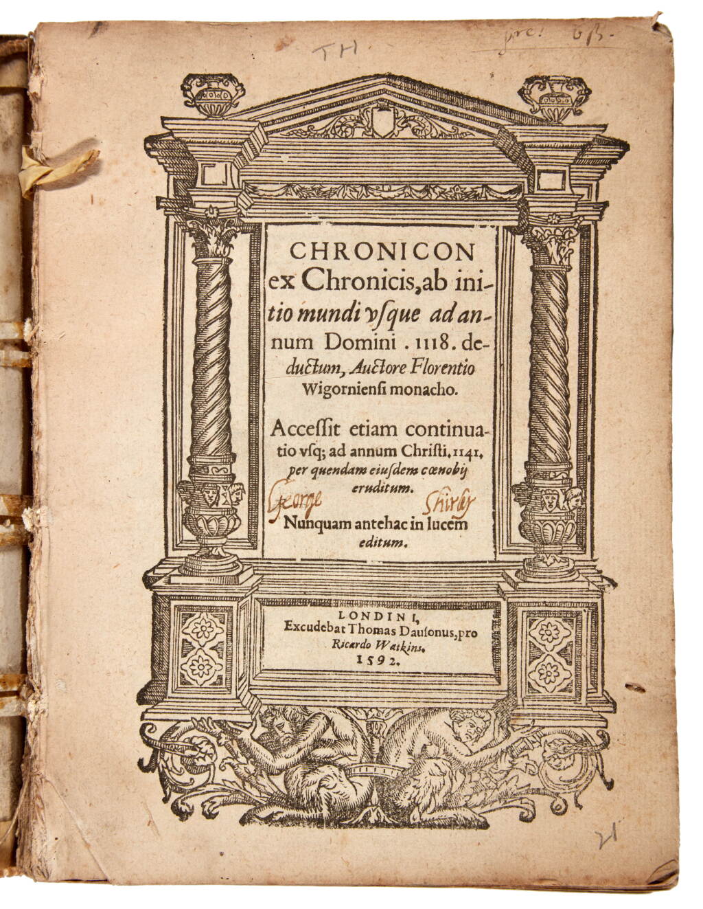 View full screen - View 1 of Lot 194. Florentius, Chronicon ex chronicis, London, 1592, contemporary vellum, George Shirley copy.