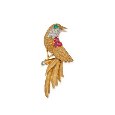 View full screen - View 1 of Lot 609. Gold, Ruby, Emerald and Diamond Clip-Brooch, France.