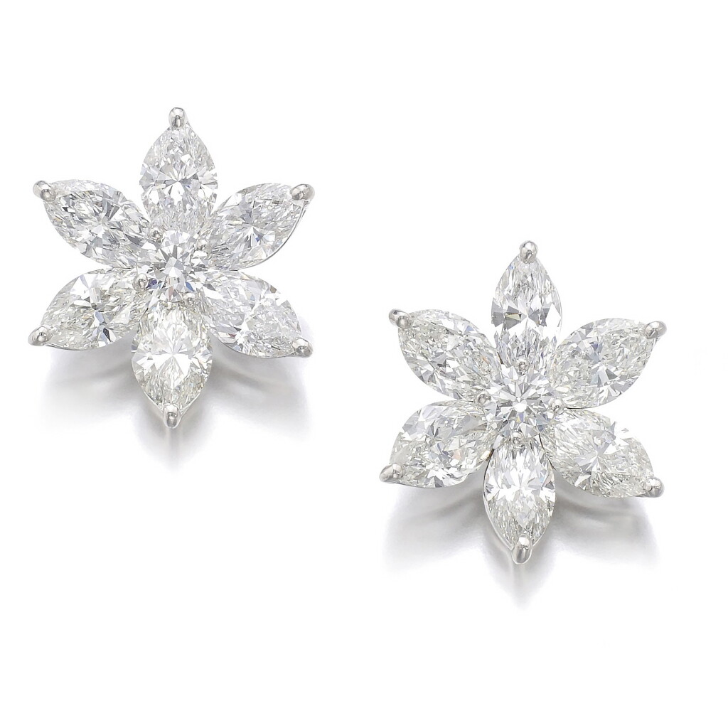 View full screen - View 1 of Lot 522. PAIR OF DIAMOND EARRINGS.