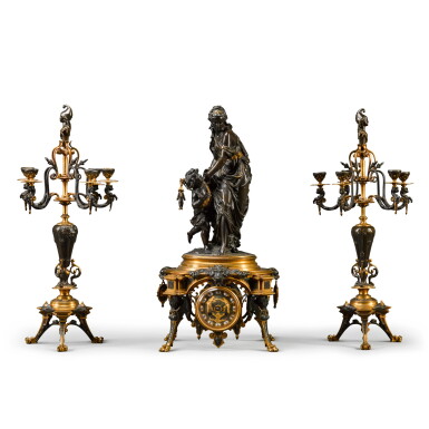 View full screen - View 1 of Lot 155. A gilt and patinated bronze three-piece clock garniture, Ferdinand Barbedienne, Paris, circa 1890.