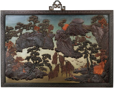 View full screen - View 1 of Lot 151. A finely carved jichimu and boxwood inlaid, zitan-framed ‘landscape’ panel Qing dynasty, Qianlong period | 清乾隆 紫檀框嵌雞翅木及黃楊木雕山水樓閣圖掛屏.