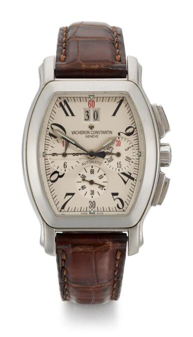 View full screen - View 1 of Lot 27. VACHERON CONSTANTIN | ROYAL EAGLE, REFERENCE 49145/000A-8970 STAINLESS STEEL TONNEAU-FORM CHRONOGRAPH WRISTWATCH WITH DOUBLE GUICHET DATE CIRCA 2000.