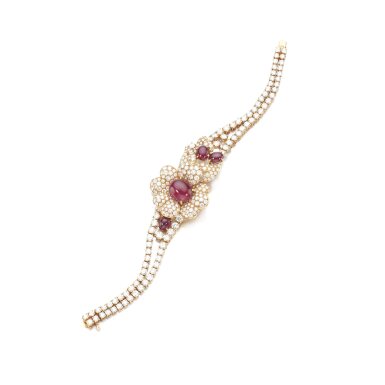 View full screen - View 1 of Lot 908. Ruby and diamond bracelet, circa 1980.