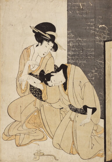 View full screen - View 1 of Lot 11. ATTRIBUTED TO KITAGAWA UTAMARO I, (1750S–1806), EDO PERIOD, LATE 18TH CENTURY | A COURTESAN SUPPORTING A SORROWFUL YOUNG MAN IN FRONT OF A SCREEN .