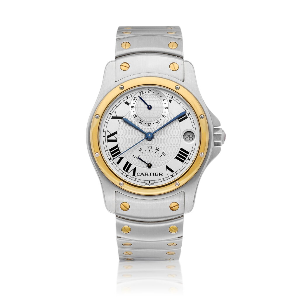 View full screen - View 1 of Lot 8303. Santos Ronde Aviator, Reference W20038R3 | A limited edition yellow gold and stainless steel dual time zone wristwatch with date, power reserve indication and bracelet, Circa 1997 | 卡地亞 | Santos Ronde Aviator 型號W20038R3 | 限量版黃金及精鋼兩地時間鏈帶腕錶,備日期及動力儲備顯示,約1997年製.