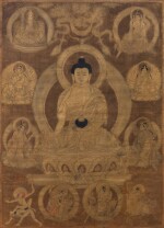 A rare silk thangka depicting Bhaisajyaguru, Tibet, 17th century, attributed to Choying Gyatso workshop | 十七世紀 藏傳藥師佛唐卡 絹本設色