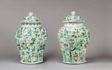 View full screen - View 1 of Lot 185. A pair of large famille-verte jars and covers Qing dynasty, Kangxi period | 清康熙 五彩開光花鳥博古圖將軍罐一對.