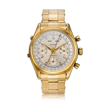 View full screen - View 1 of Lot 273. Reference 6036 'Jean-Claude Killy' A yellow gold triple calendar chronograph wristwatch with bracelet, Circa 1953.