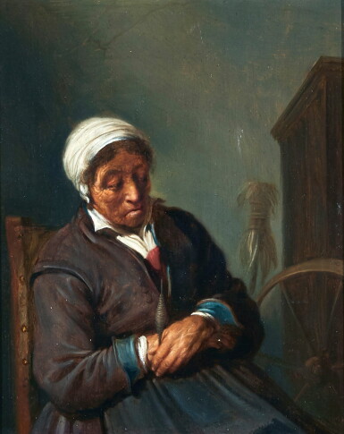 View full screen - View 1 of Lot 24. FOLLOWER OF ADRIAEN JANSZ VAN OSTADE | An old woman seated by a spinning wheel.