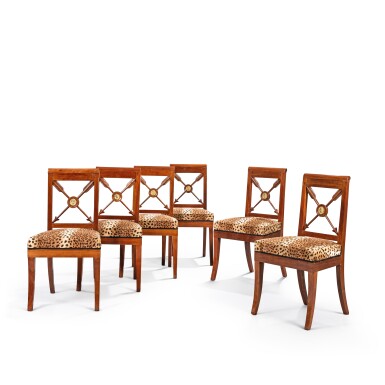 View full screen - View 1 of Lot 39. A suite of six Empire gilt-bronze mounted mahogany chairs, circa 1810-1815.