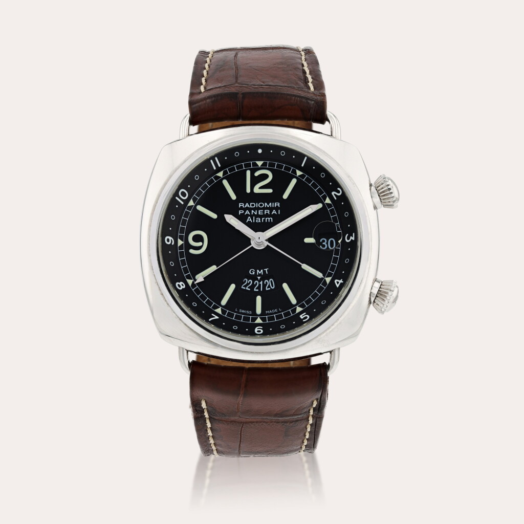 View full screen - View 1 of Lot 435. Radiomir GMT Alarm, PAM00098, limited edition Montre bracelet en acier avec alarme, double fuseau horaire et date | Stainless steel wristwatch with alarm, dual time zone and date Vers 2001 | Circa 2001.