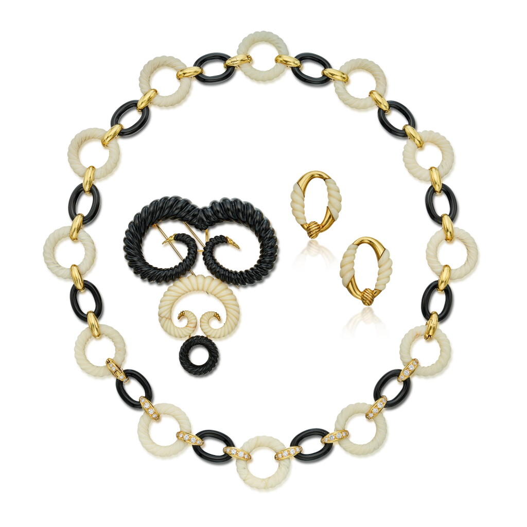 View full screen - View 1 of Lot 222. Gold, Coral, Onyx and Necklace-Bracelet Combination, Pendant-Brooch and Pair of Earring Pendants, France.