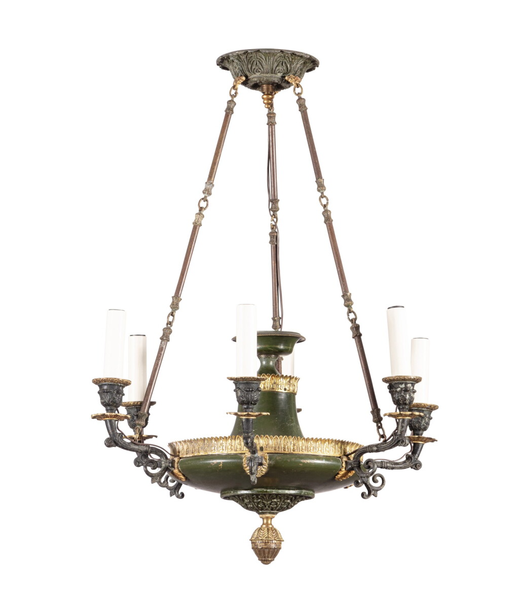 View full screen - View 1 of Lot 107. A French Restauration patinated and gilt bronze chandelier, circa 1820 | Lustre en bronze patiné et doré d'époque Restauration, vers 1820.