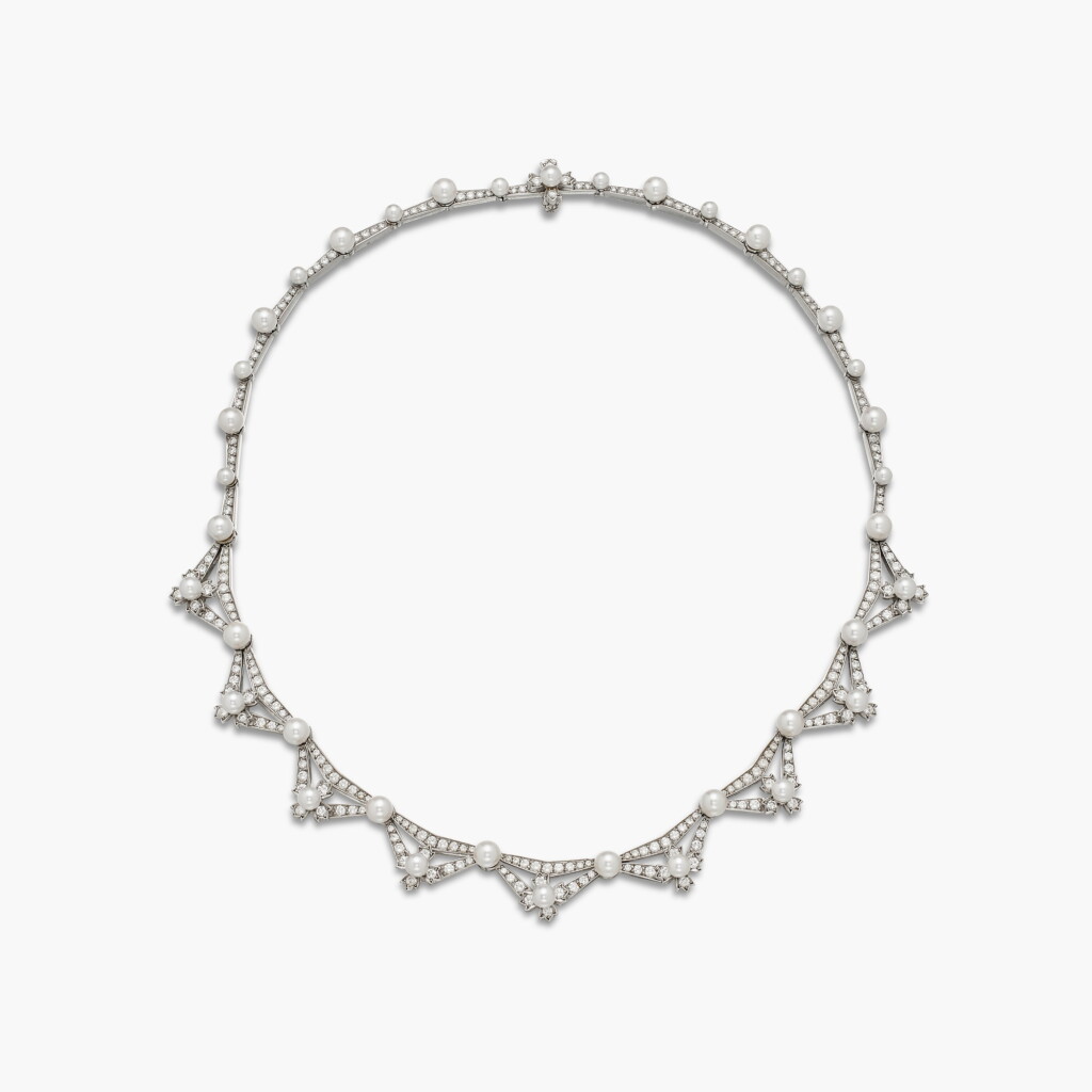 View full screen - View 1 of Lot 255. Cultured Pearl and Diamond Necklace.