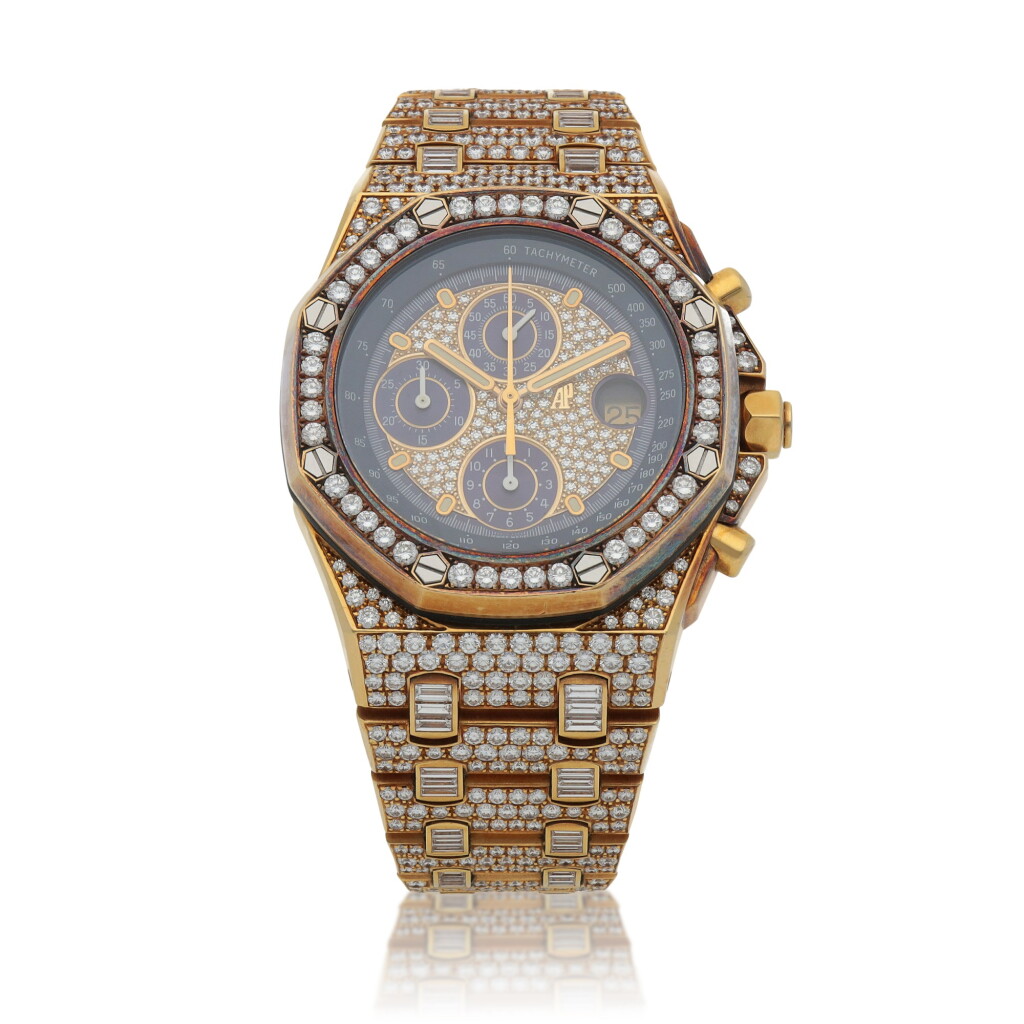 View full screen - View 1 of Lot 51. Royal Oak Offshore, Ref. 25894BA Possibly unique yellow gold and diamond-set chronograph wristwatch with date and bracelet Circa 1997 | 愛彼25894BA型號「Royal Oak Offshore」黃金鑲鑽石計時鍊帶腕錶備日期顯示,年份約1997,可能為獨一無二.