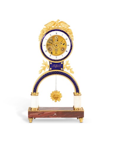 View full screen - View 1 of Lot 95. A French Directoire gilt-bronze mounted, marble and enamel mantel clock, circa 1795 | Pendule squelette en émail, bronze doré et marbre d'époque Directoire, vers 1795.